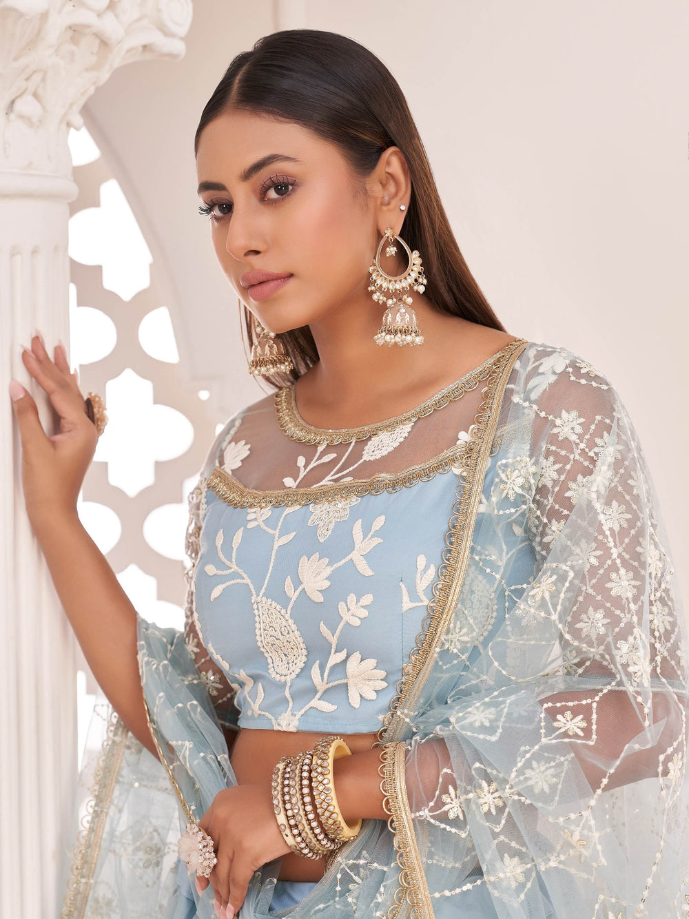 Sky Blue Light Butterfly Net Cotton Thread Party Wear Lehenga