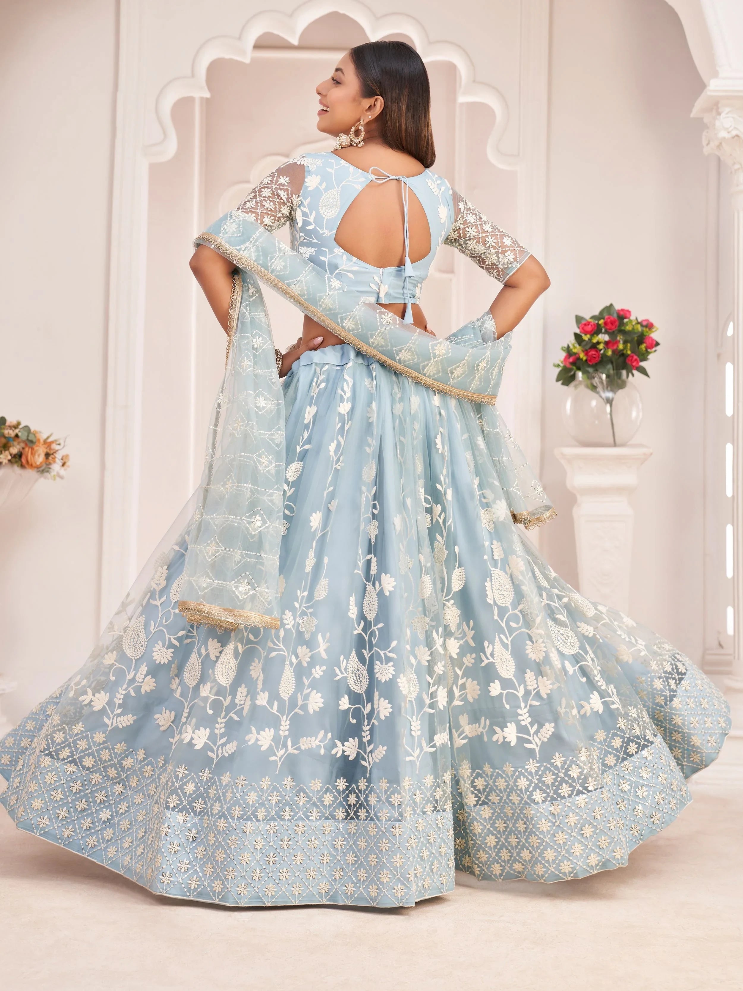 Sky Blue Light Butterfly Net Cotton Thread Party Wear Lehenga