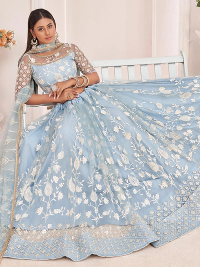 Sky Blue Light Butterfly Net Cotton Thread Party Wear Lehenga