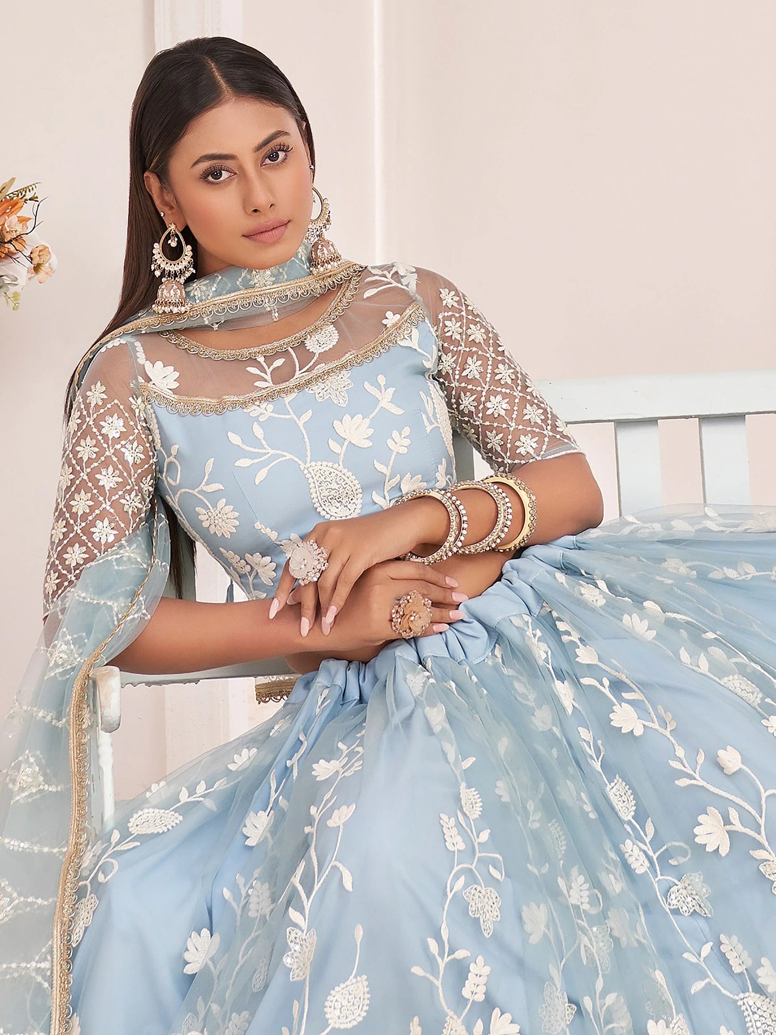 Sky Blue Light Butterfly Net Cotton Thread Party Wear Lehenga