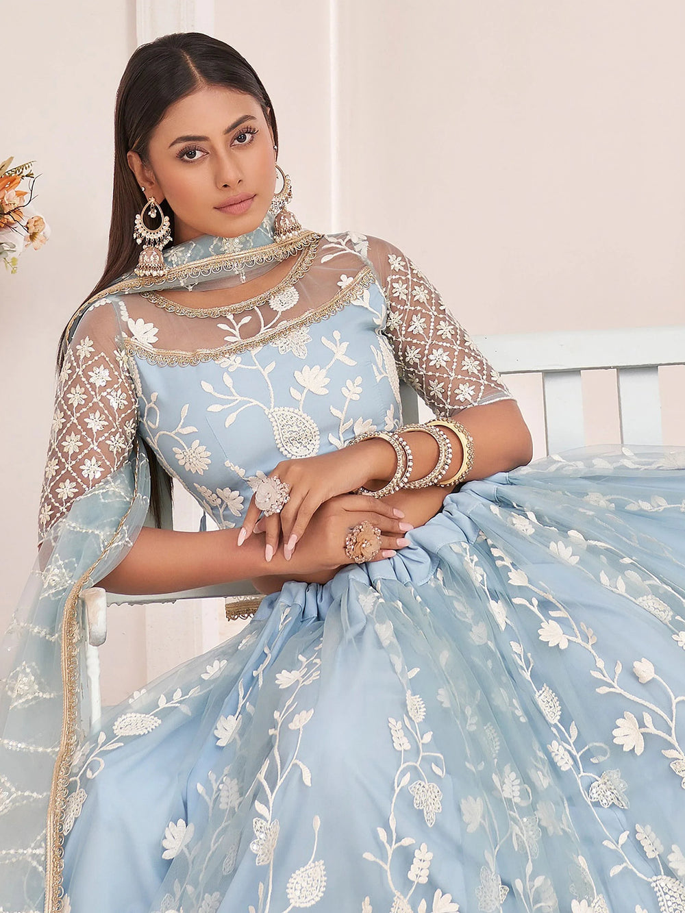 Sky Blue Light Butterfly Net Cotton Thread Party Wear Lehenga