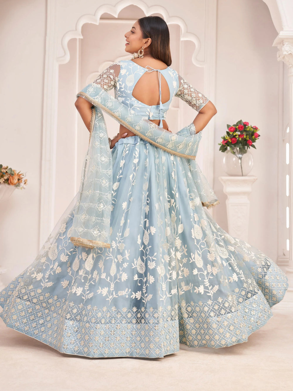 Sky Blue Light Butterfly Net Cotton Thread Party Wear Lehenga