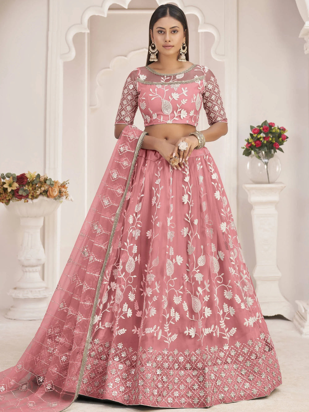 Peach Light Butterfly Net Cotton Thread Party Wear Lehenga