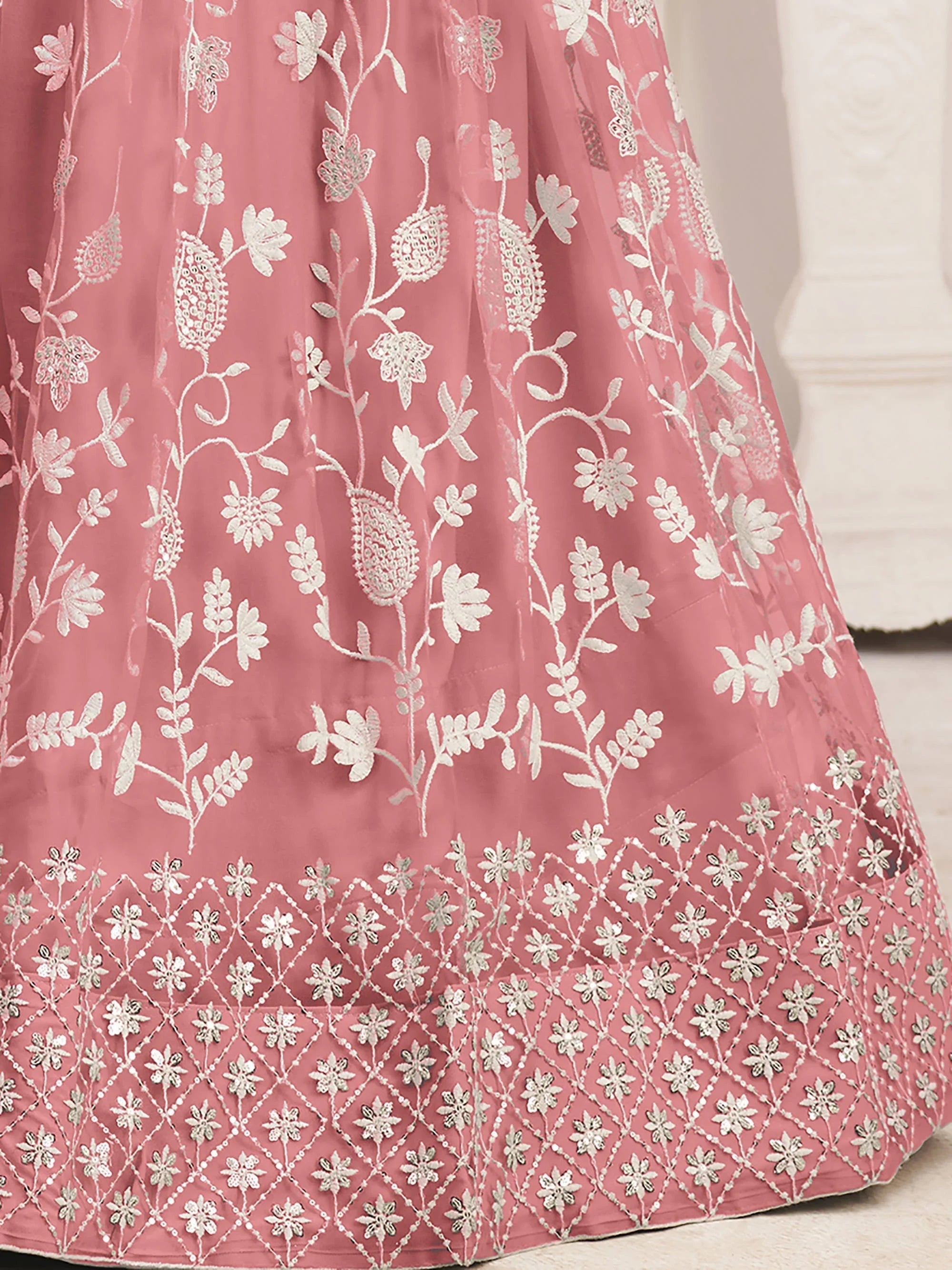 Peach Light Butterfly Net Cotton Thread Party Wear Lehenga