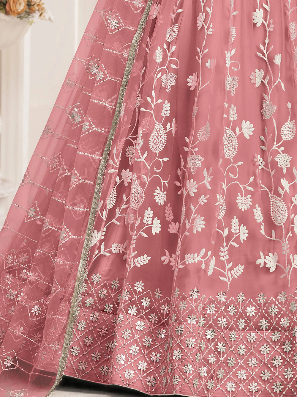 Peach Light Butterfly Net Cotton Thread Party Wear Lehenga