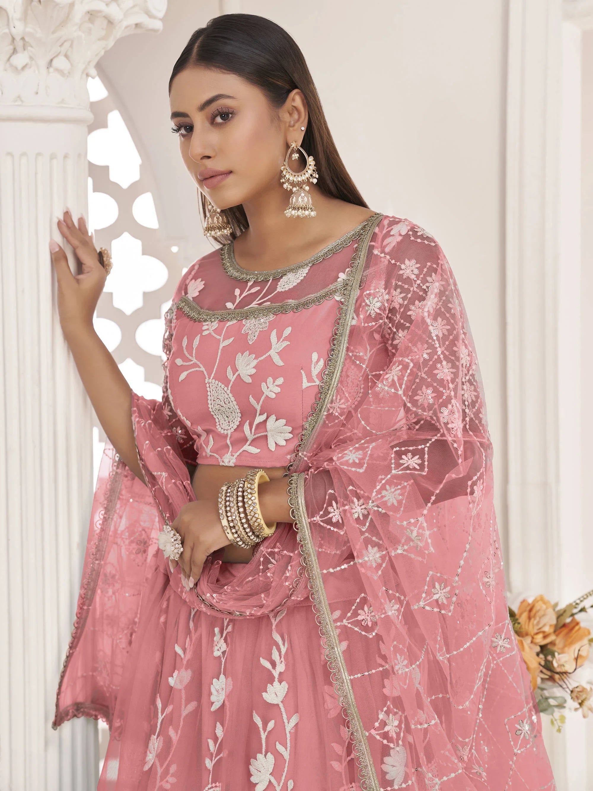 Peach Light Butterfly Net Cotton Thread Party Wear Lehenga