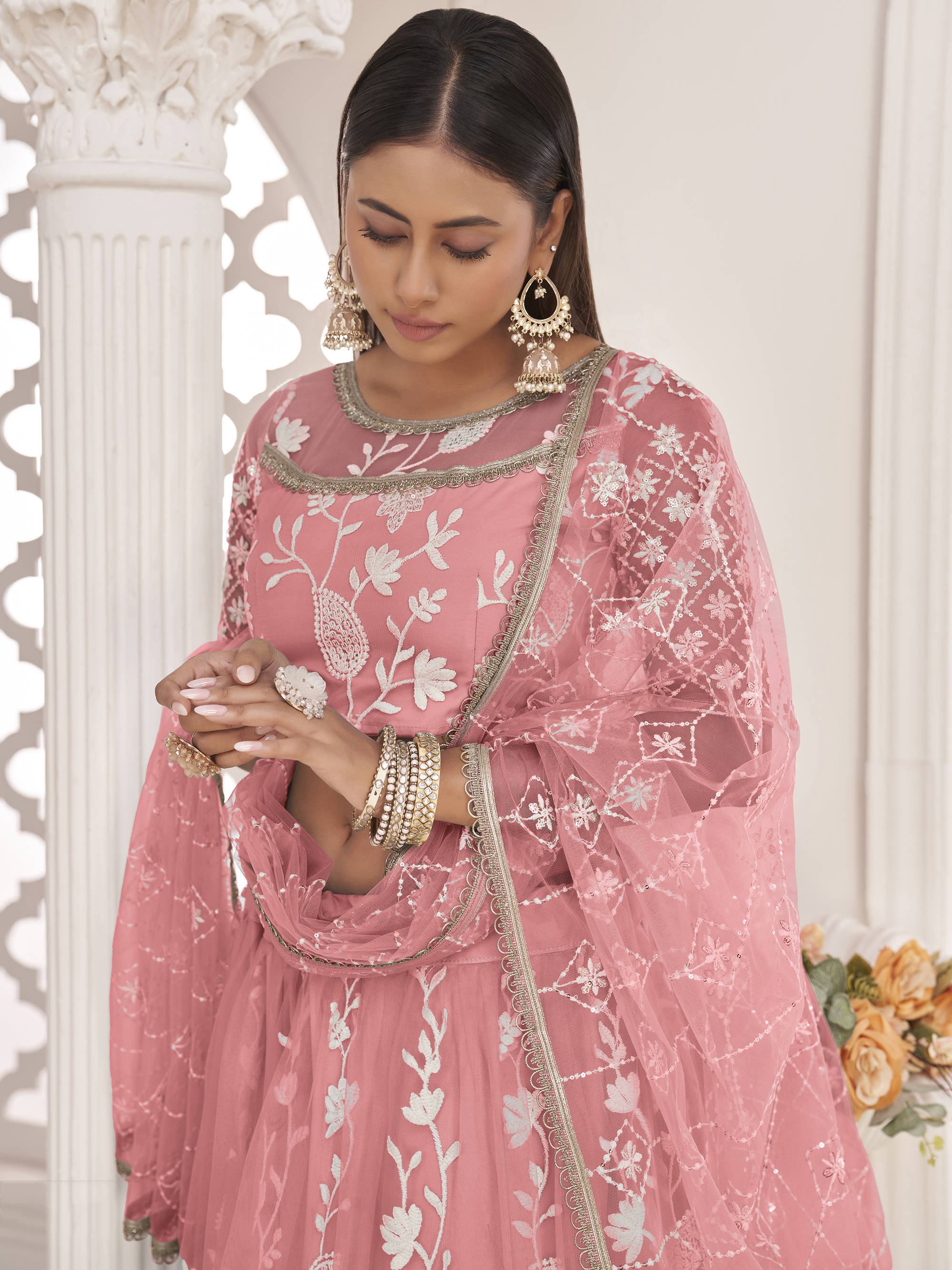 Peach Light Butterfly Net Cotton Thread Party Wear Lehenga