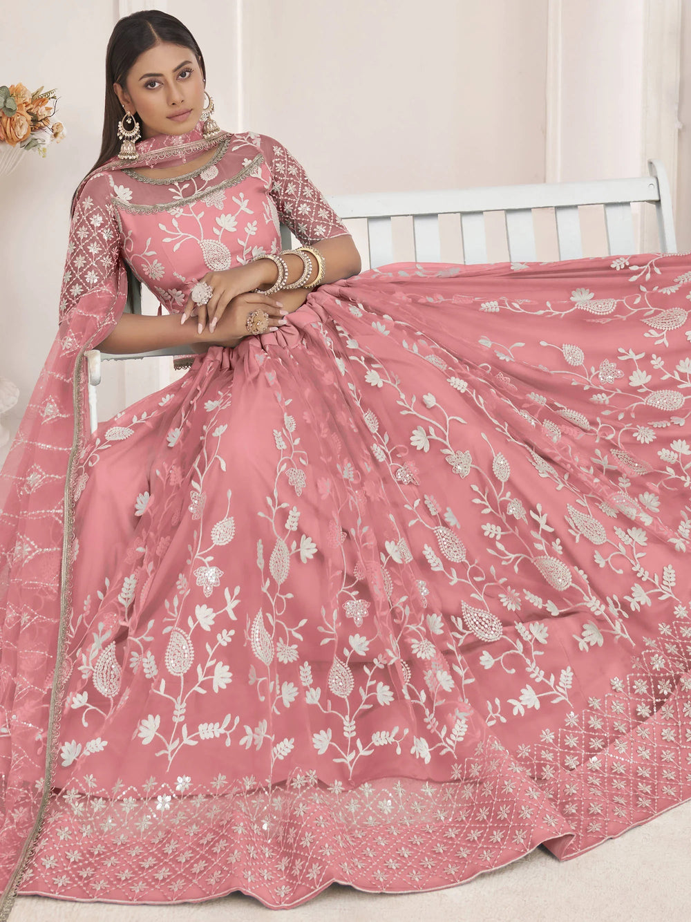 Peach Light Butterfly Net Cotton Thread Party Wear Lehenga