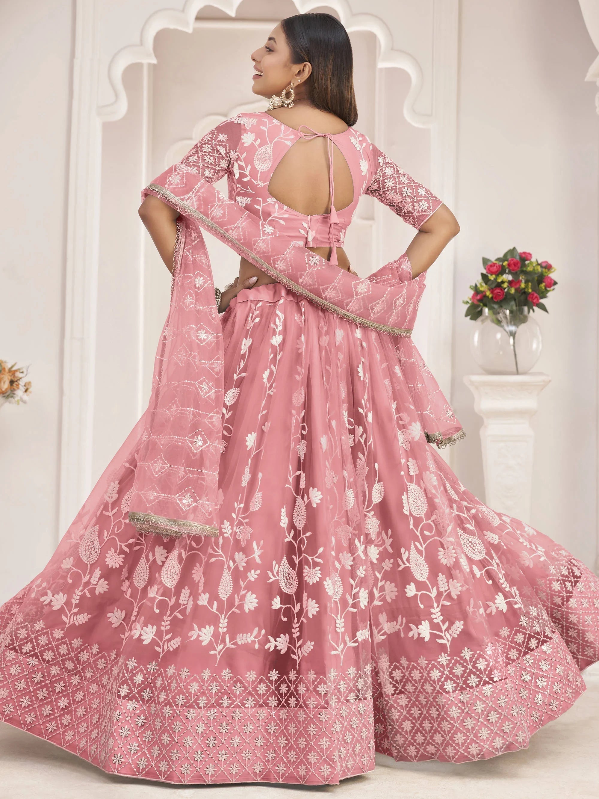 Peach Light Butterfly Net Cotton Thread Party Wear Lehenga