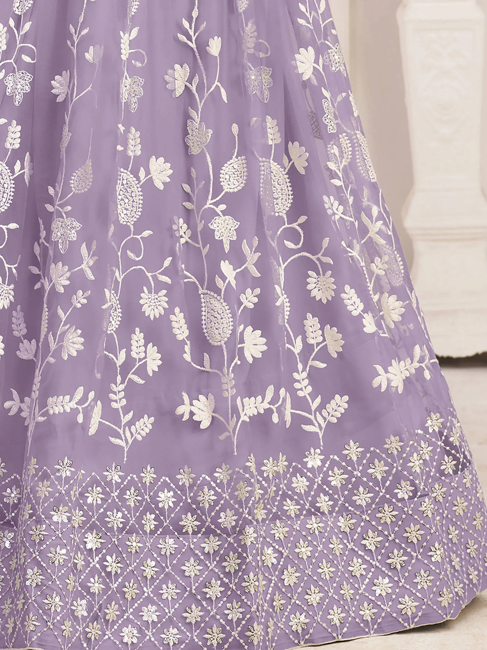 Lavender Light Butterfly Net Cotton Thread Party Wear Lehenga
