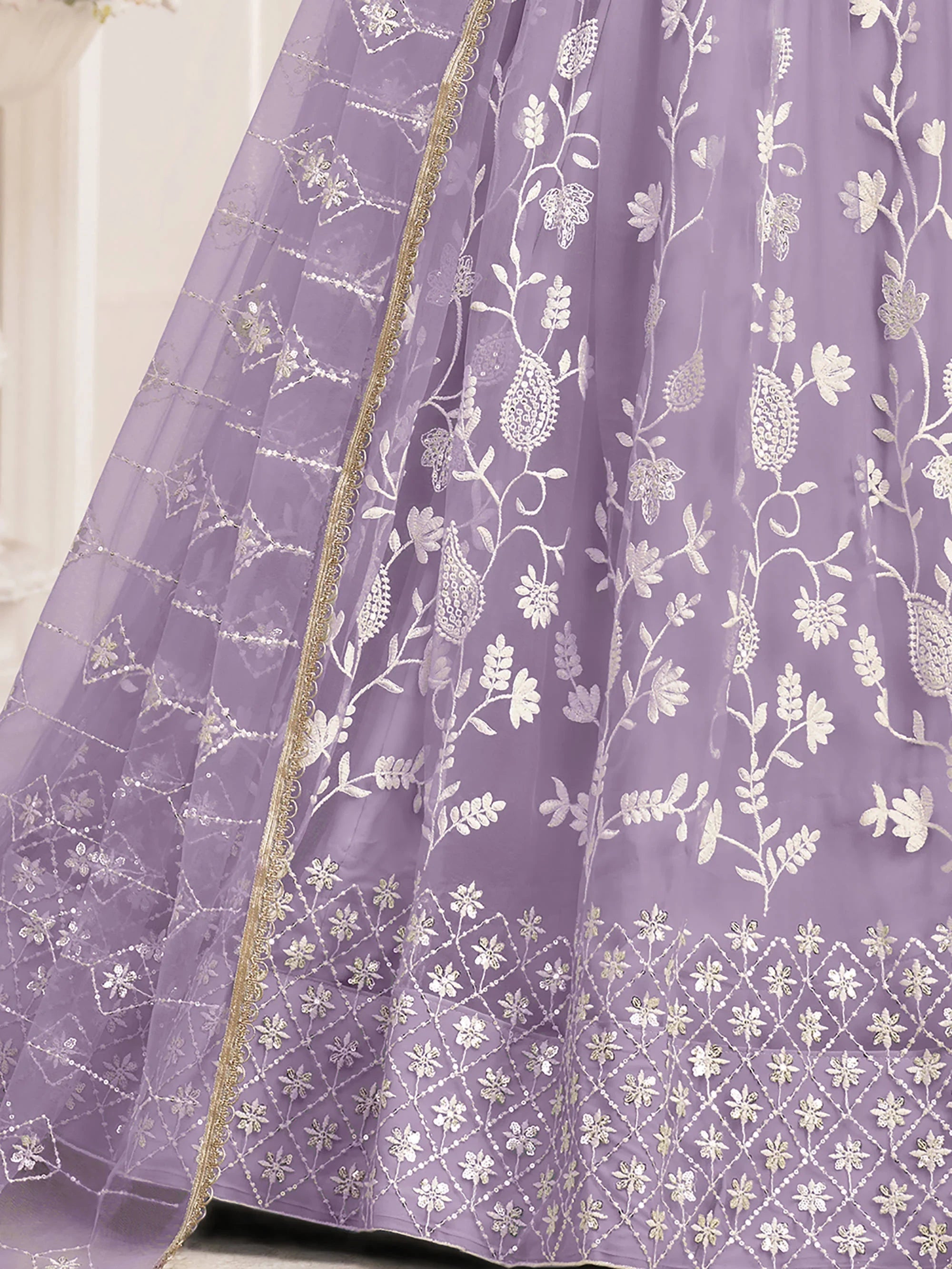 Lavender Light Butterfly Net Cotton Thread Party Wear Lehenga