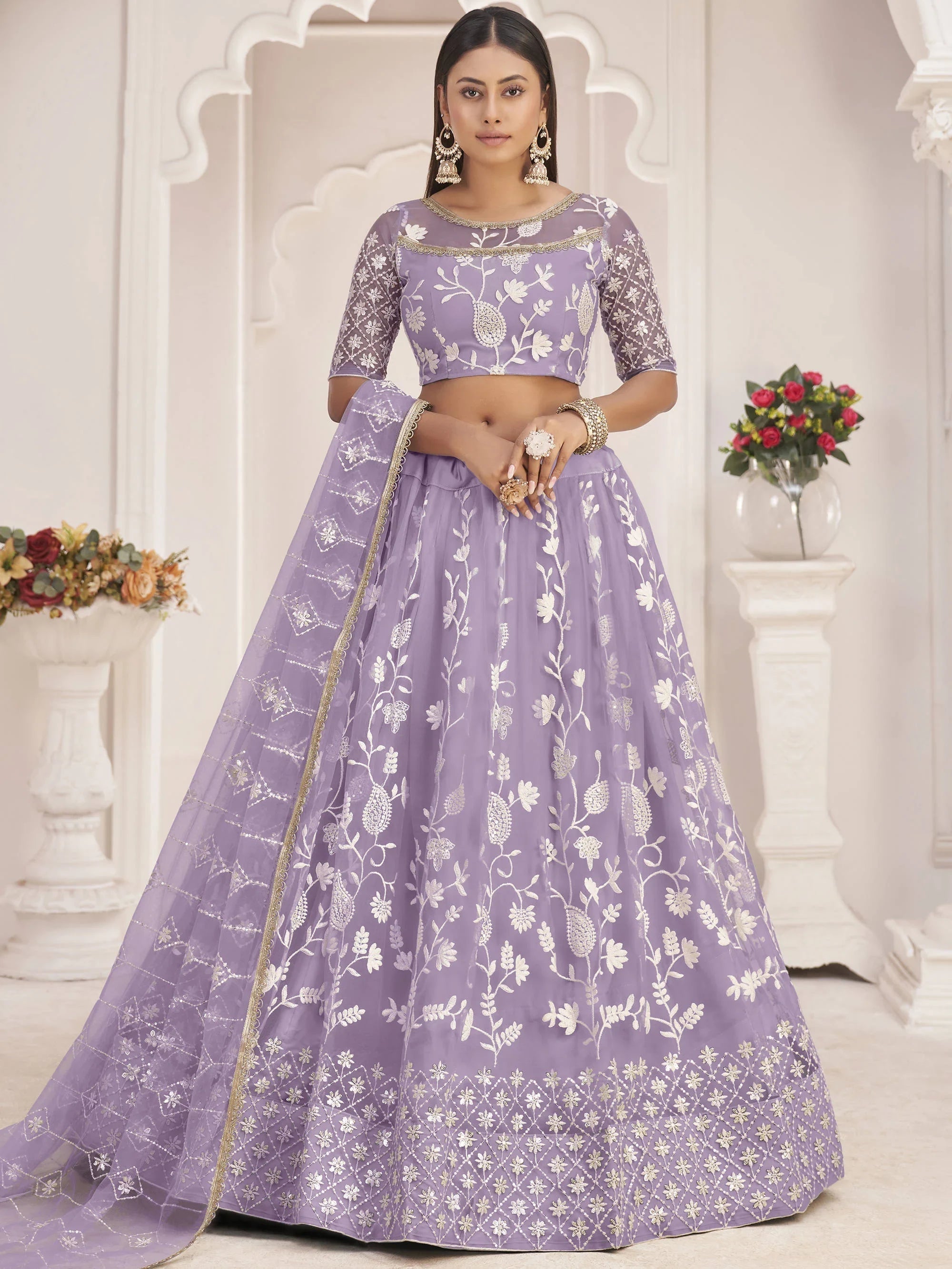 Lavender Light Butterfly Net Cotton Thread Party Wear Lehenga