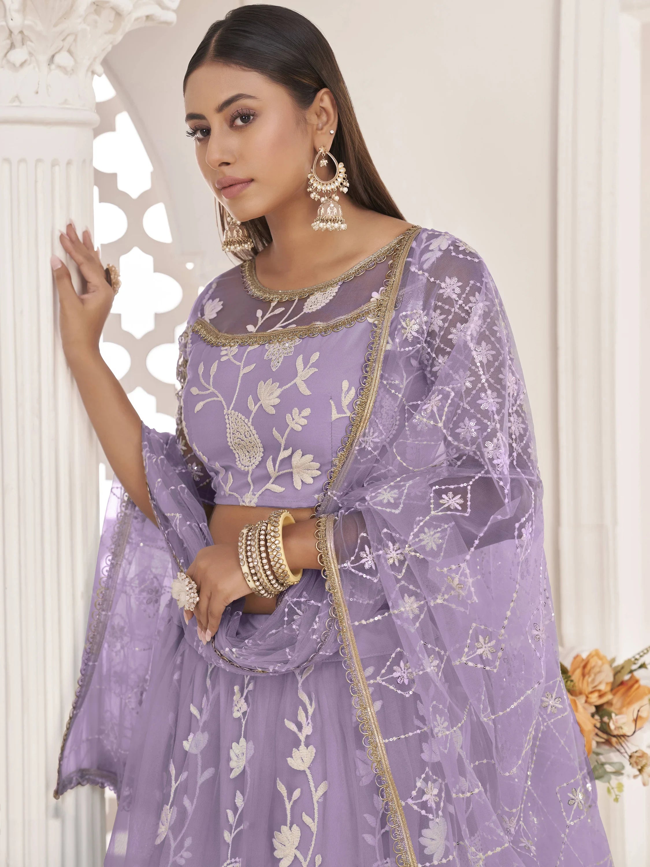 Lavender Light Butterfly Net Cotton Thread Party Wear Lehenga