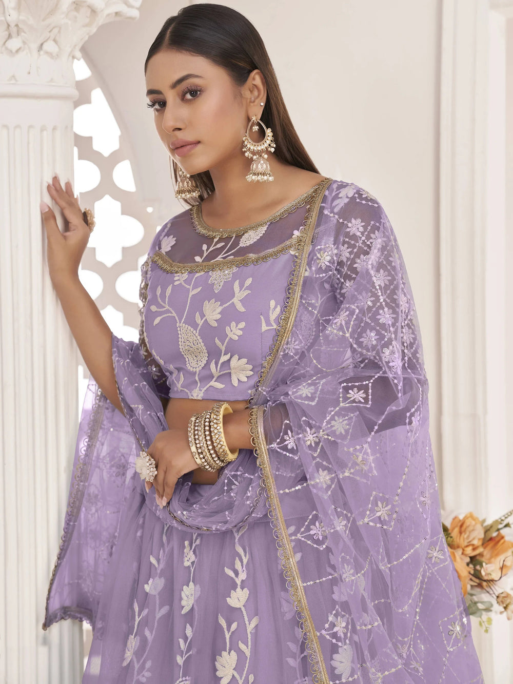 Lavender Light Butterfly Net Cotton Thread Party Wear Lehenga