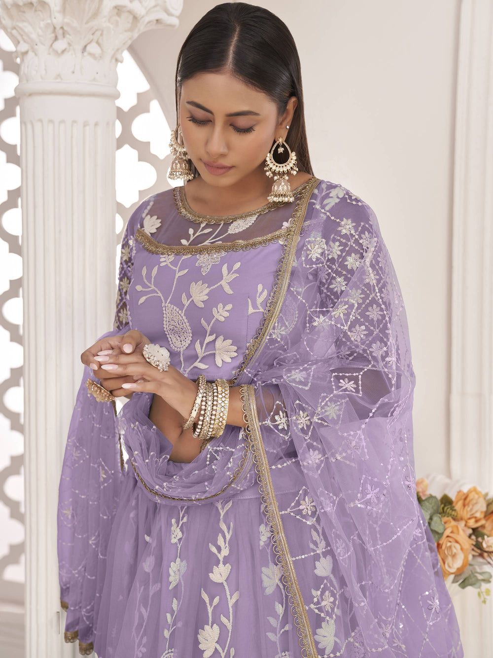 Lavender Light Butterfly Net Cotton Thread Party Wear Lehenga