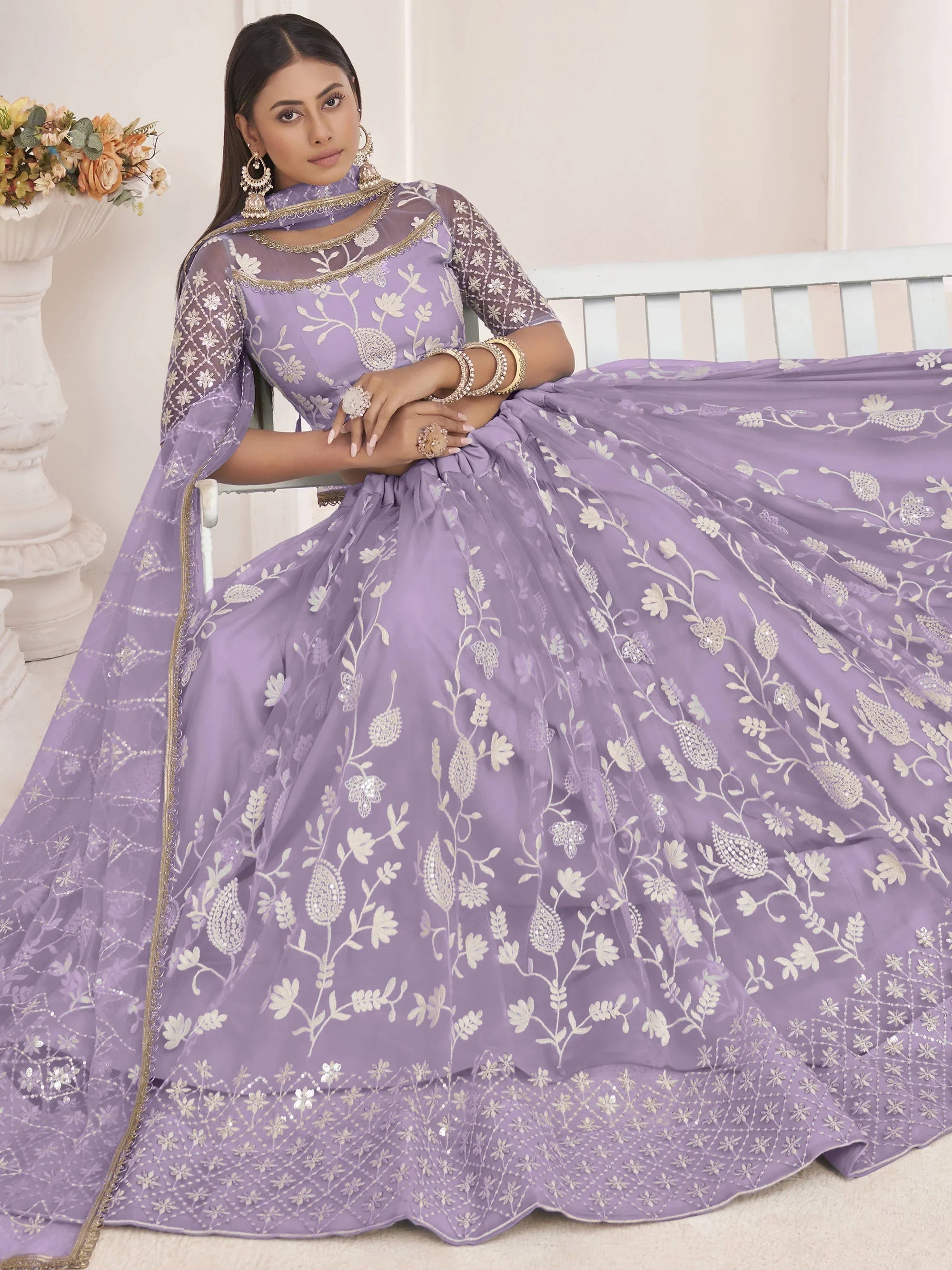 Lavender Light Butterfly Net Cotton Thread Party Wear Lehenga