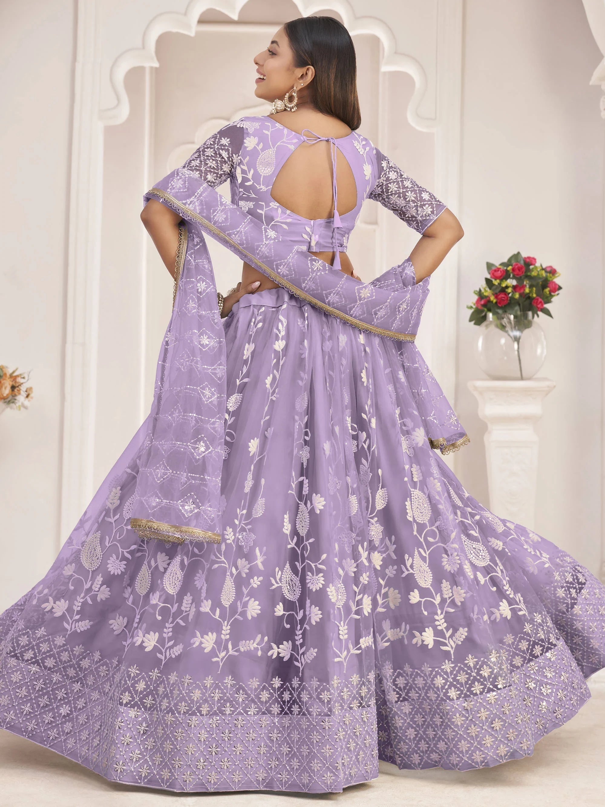 Lavender Light Butterfly Net Cotton Thread Party Wear Lehenga
