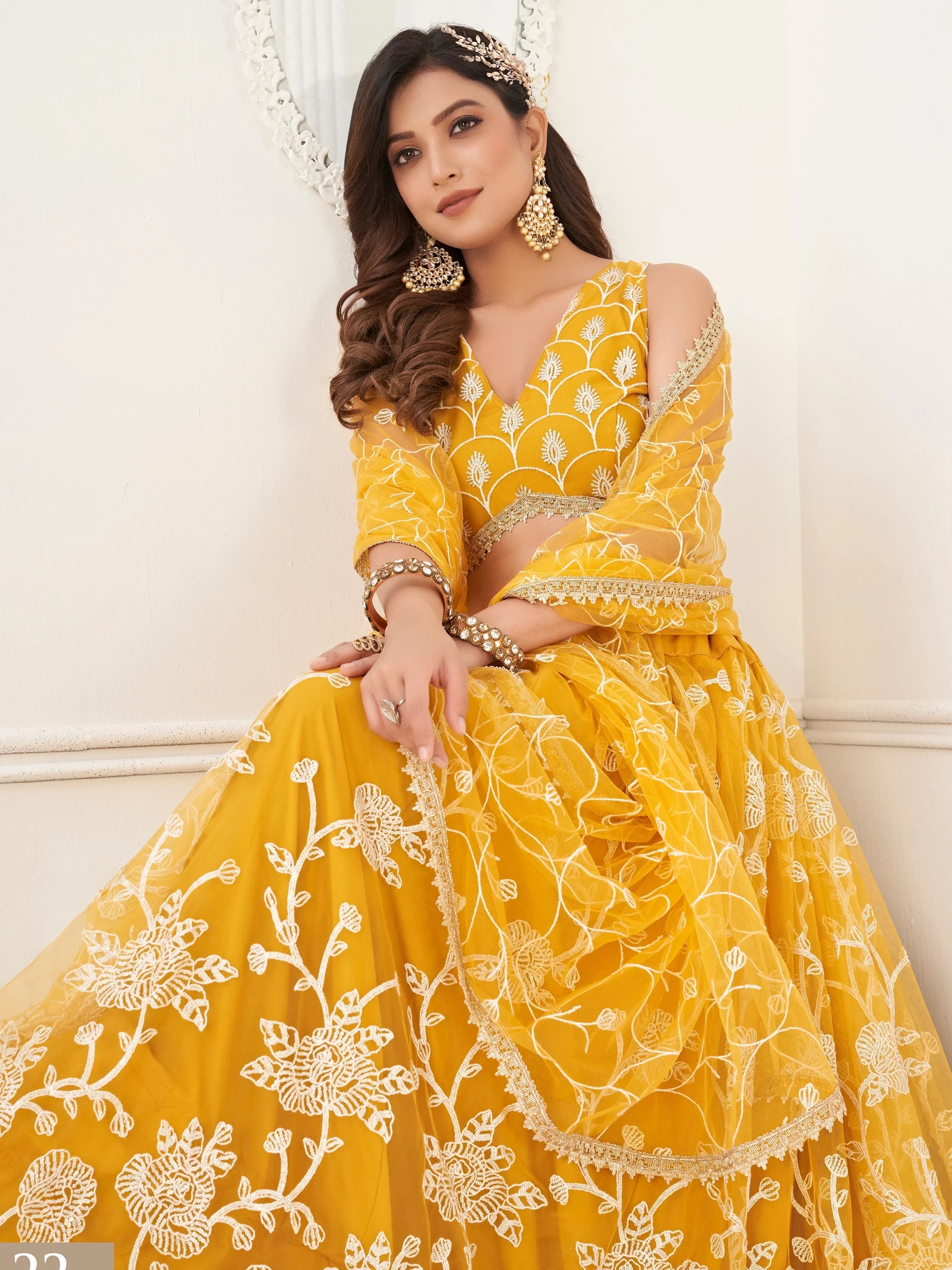 Mustard Appealing Embroidered Net Haldi Wear Lehenga Choli for Women