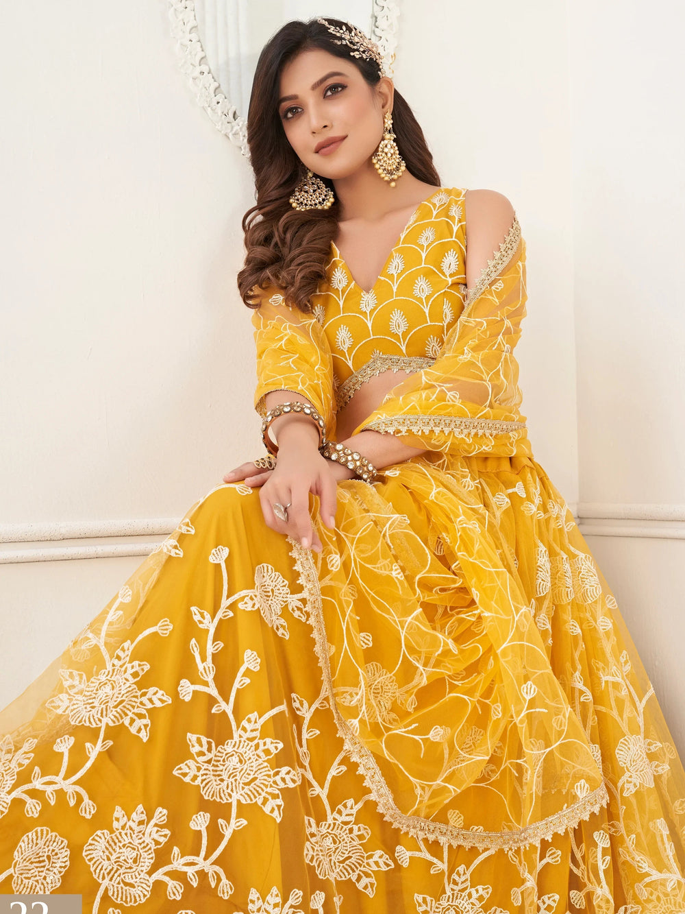 Mustard Appealing Embroidered Net Haldi Wear Lehenga Choli for Women