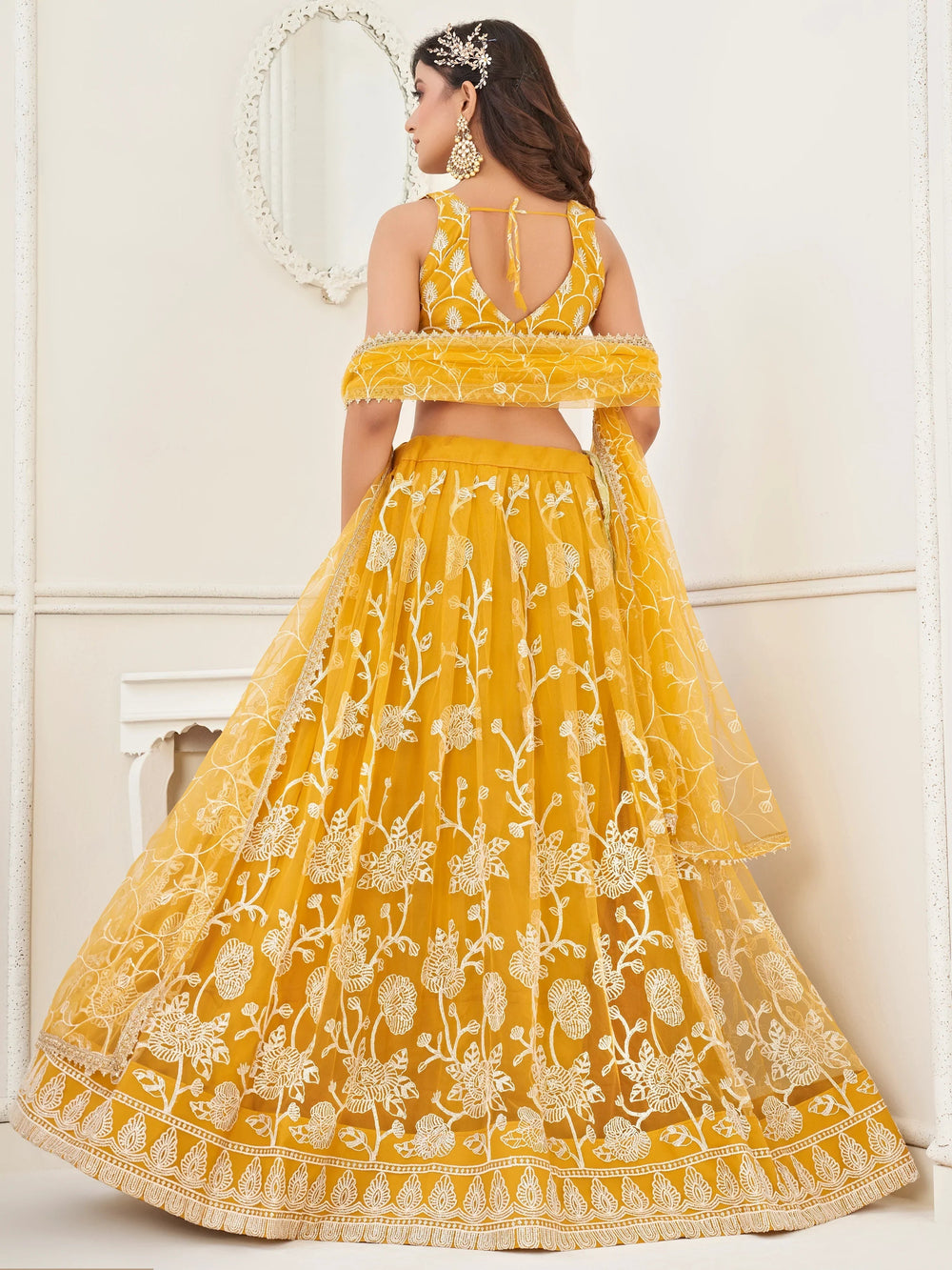 Mustard Appealing Embroidered Net Haldi Wear Lehenga Choli for Women