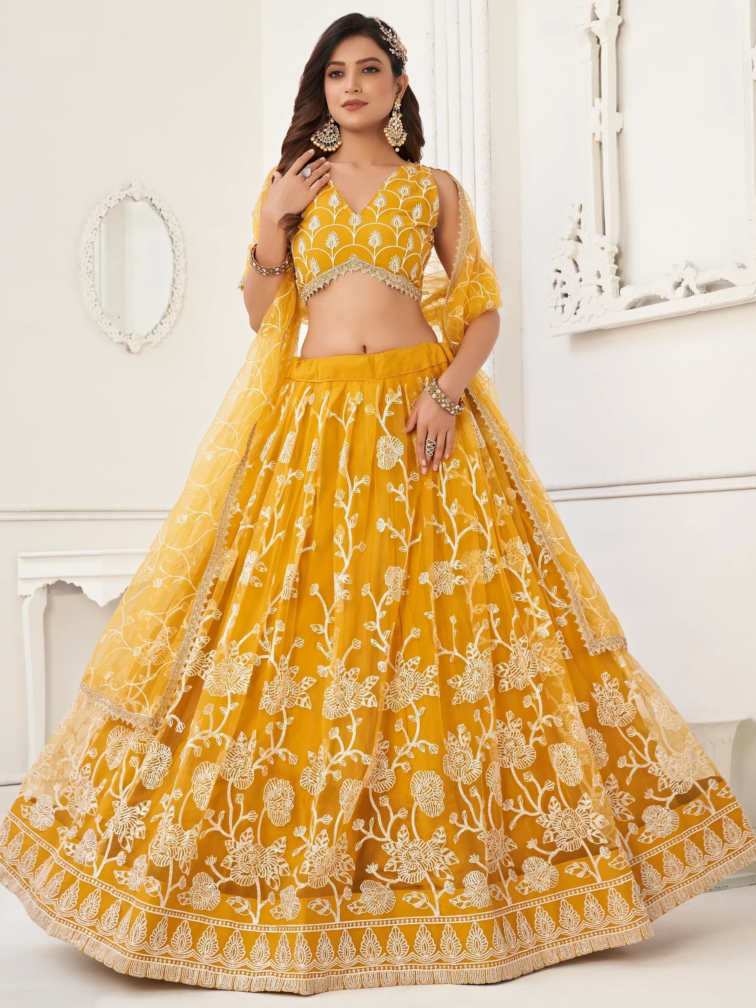Mustard Appealing Embroidered Net Haldi Wear Lehenga Choli for Women
