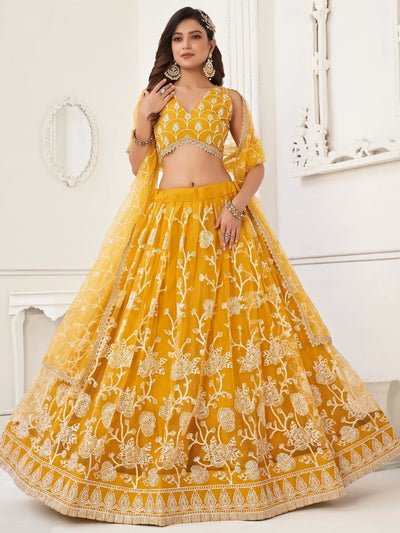 Mustard Appealing Embroidered Net Haldi Wear Lehenga Choli for Women
