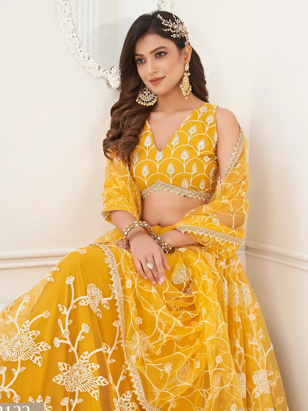 Mustard Appealing Embroidered Net Haldi Wear Lehenga Choli for Women