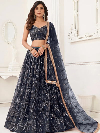 Black Sequins Net Reception Wear Lehenga Choli With Dupatta for Women