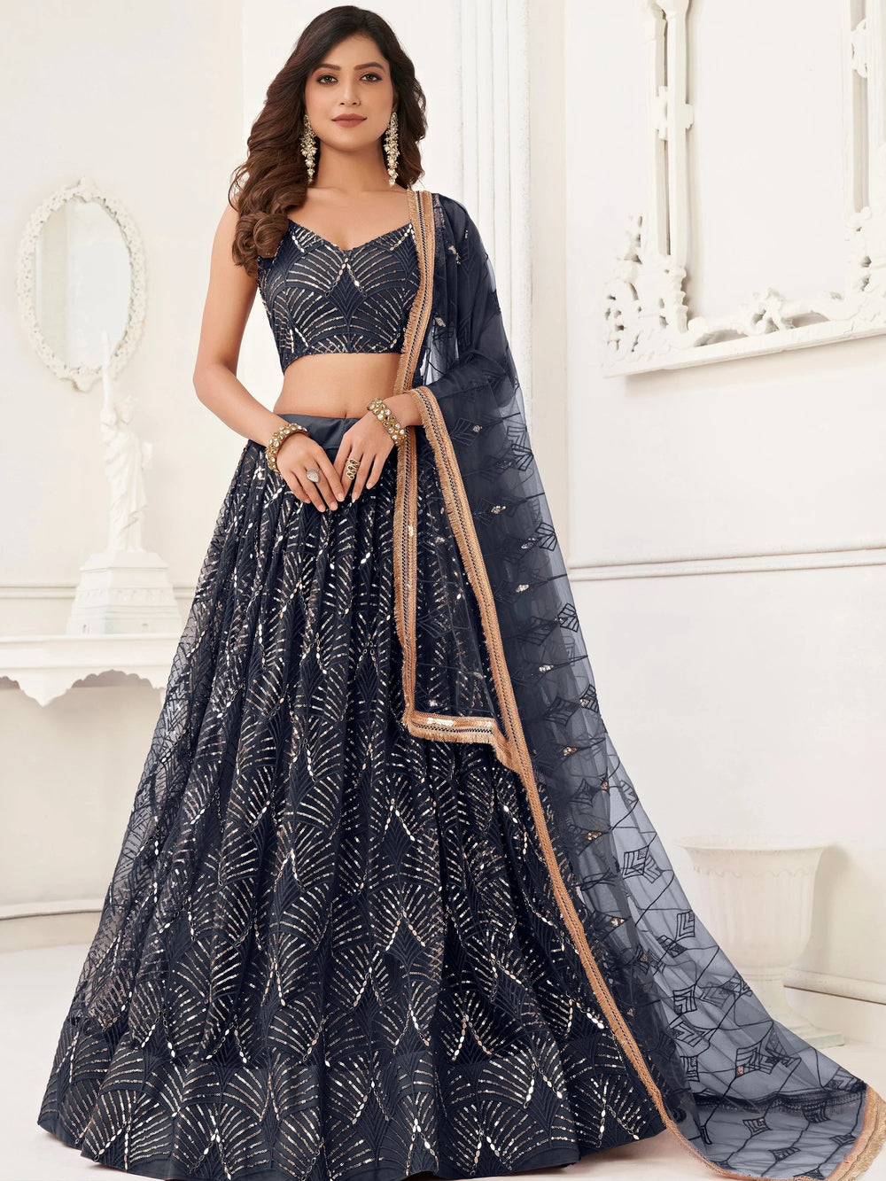 Black Sequins Net Reception Wear Lehenga Choli With Dupatta for Women