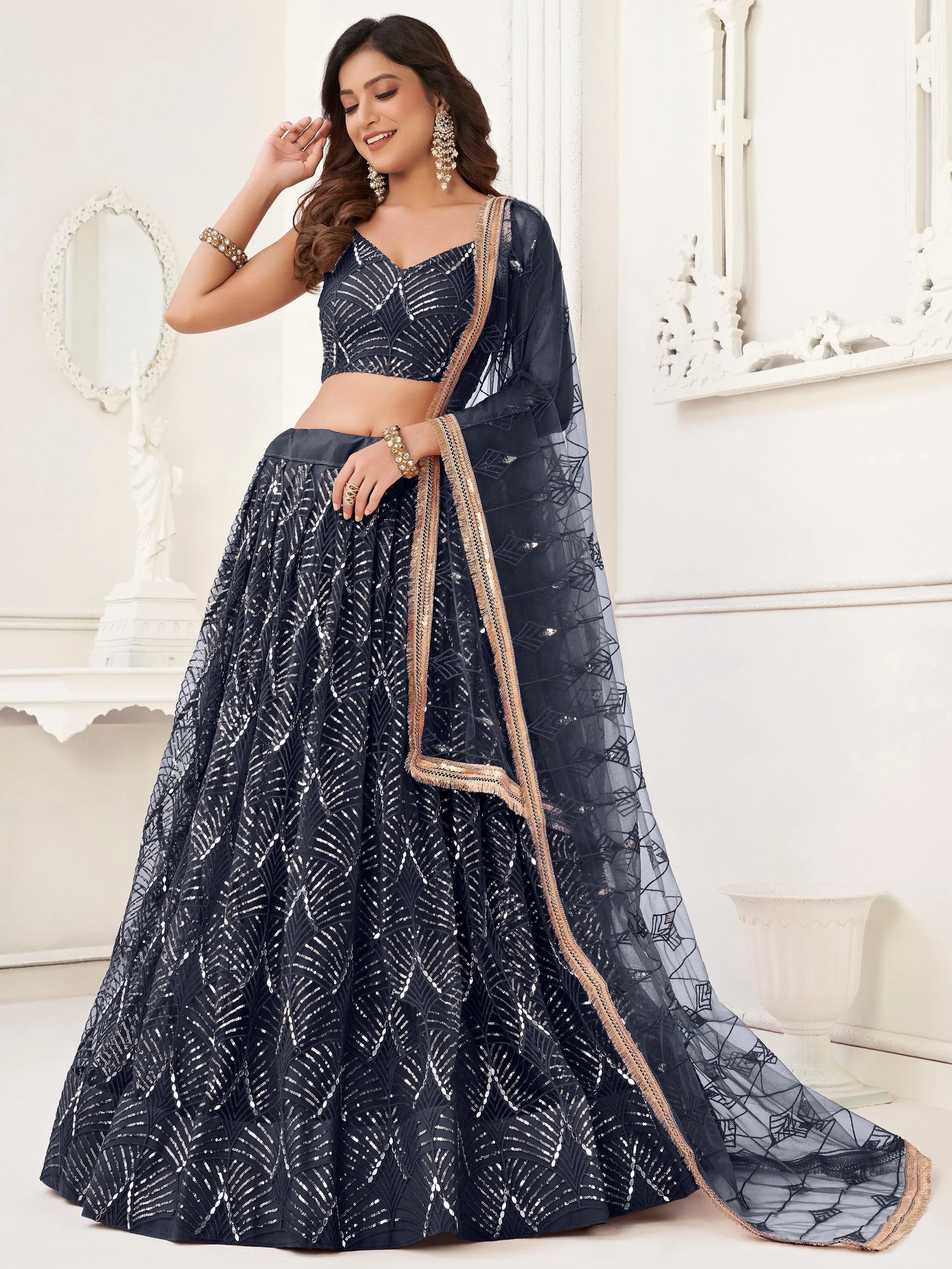 Black Sequins Net Reception Wear Lehenga Choli With Dupatta for Women