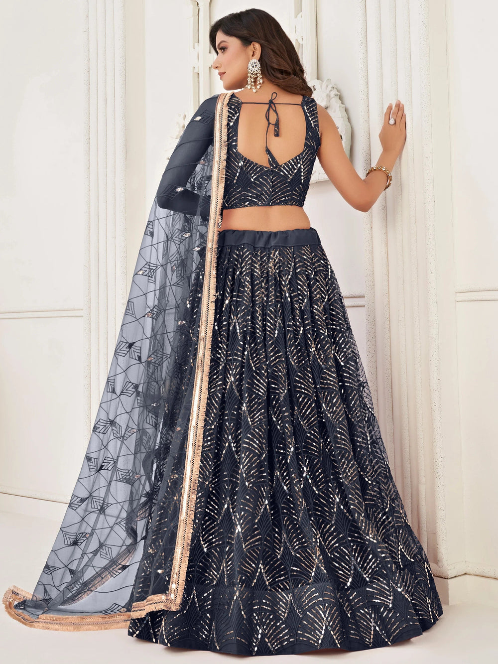 Black Sequins Net Reception Wear Lehenga Choli With Dupatta for Women