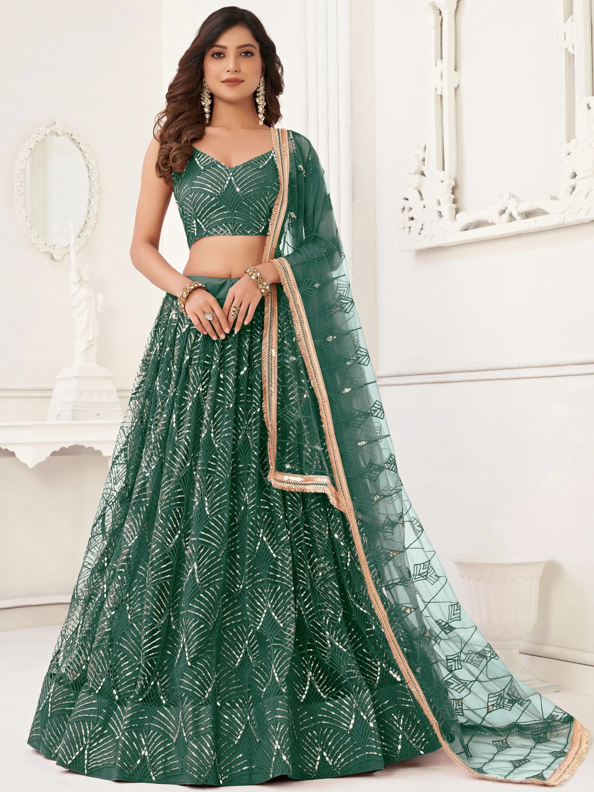 Green Incredible Thread Work Net Designer Lehenga Choli for Women