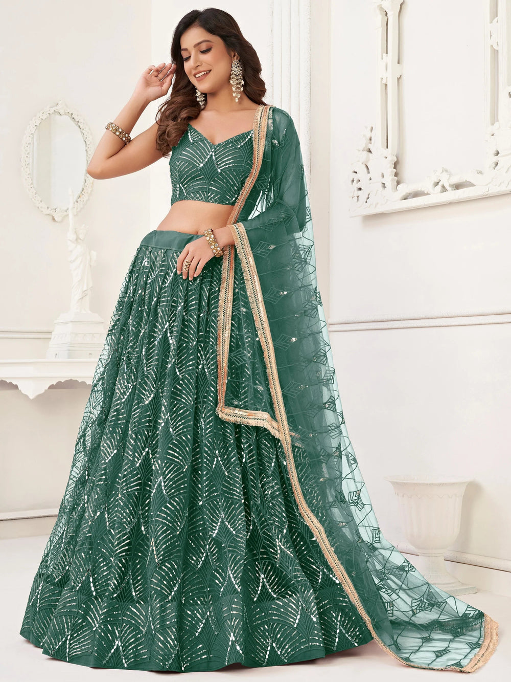 Green Incredible Thread Work Net Designer Lehenga Choli for Women
