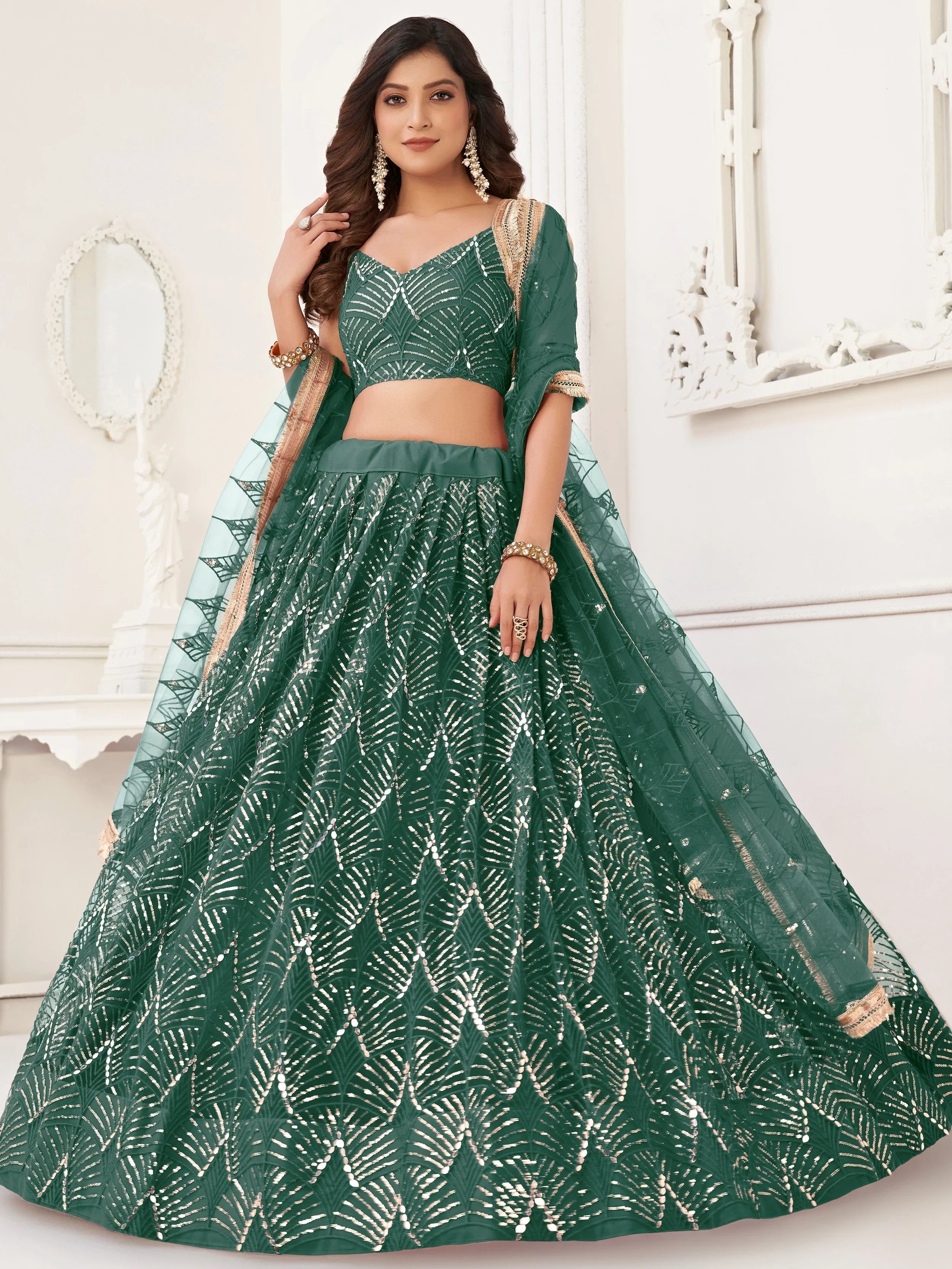 Green Incredible Thread Work Net Designer Lehenga Choli for Women