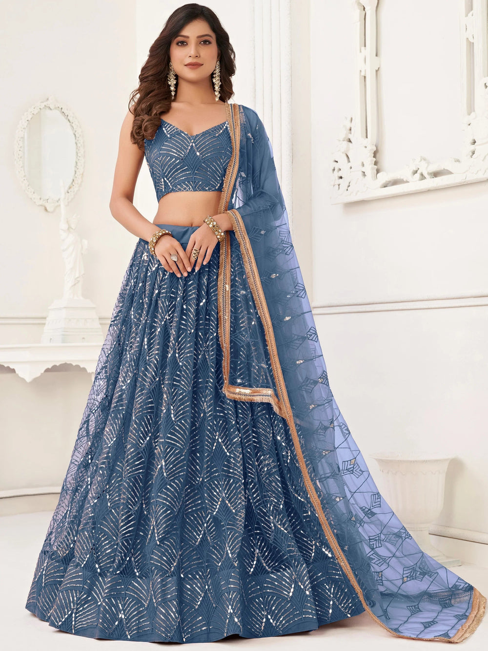Blue Incredible Thread Work Net Designer Lehenga Choli for Women
