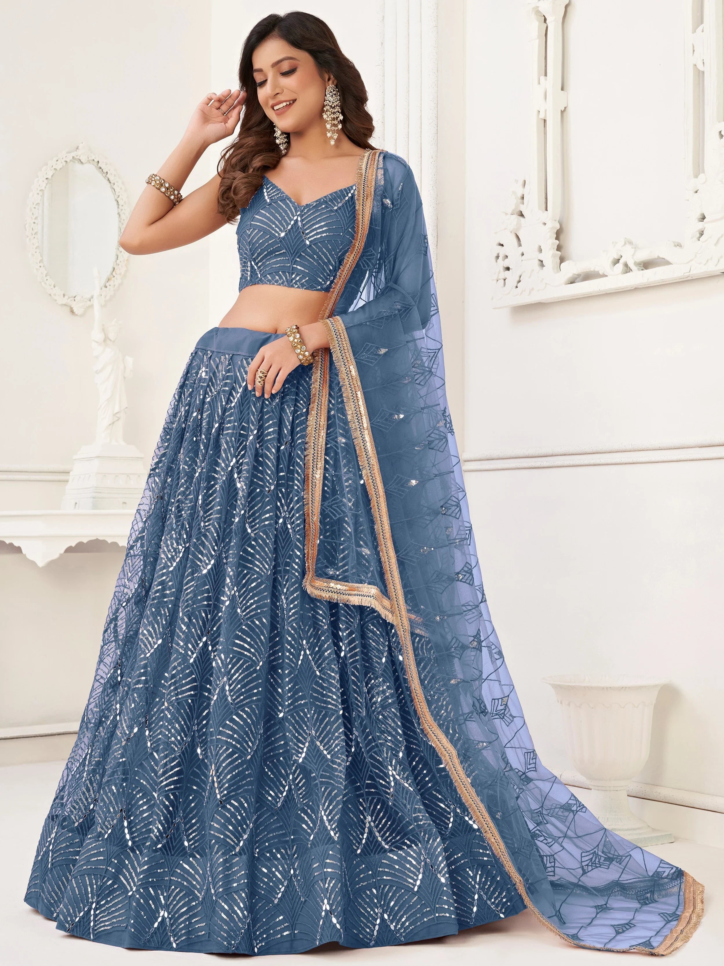 Blue Incredible Thread Work Net Designer Lehenga Choli for Women