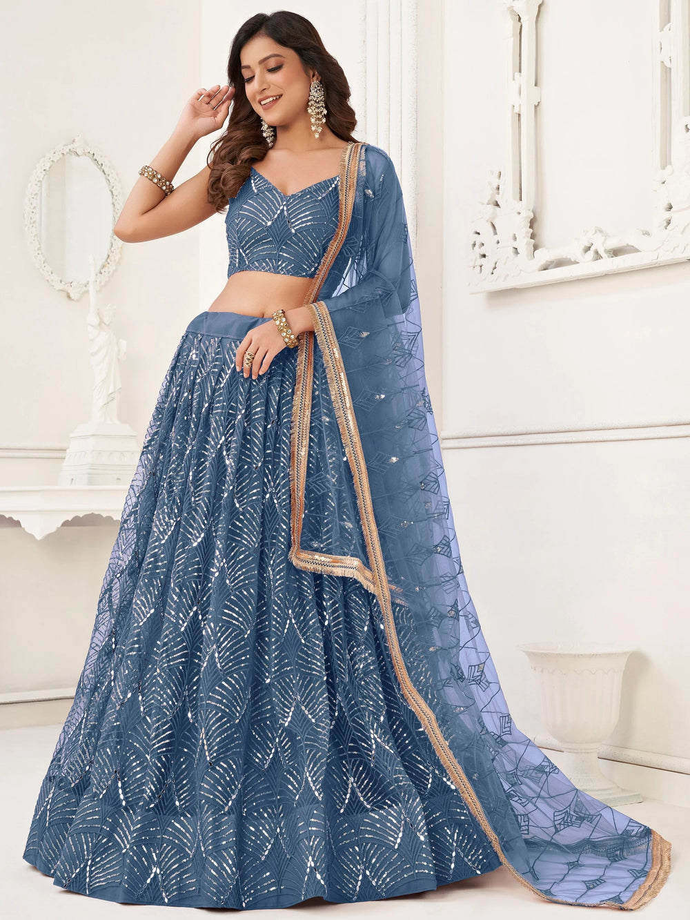 Blue Incredible Thread Work Net Designer Lehenga Choli for Women