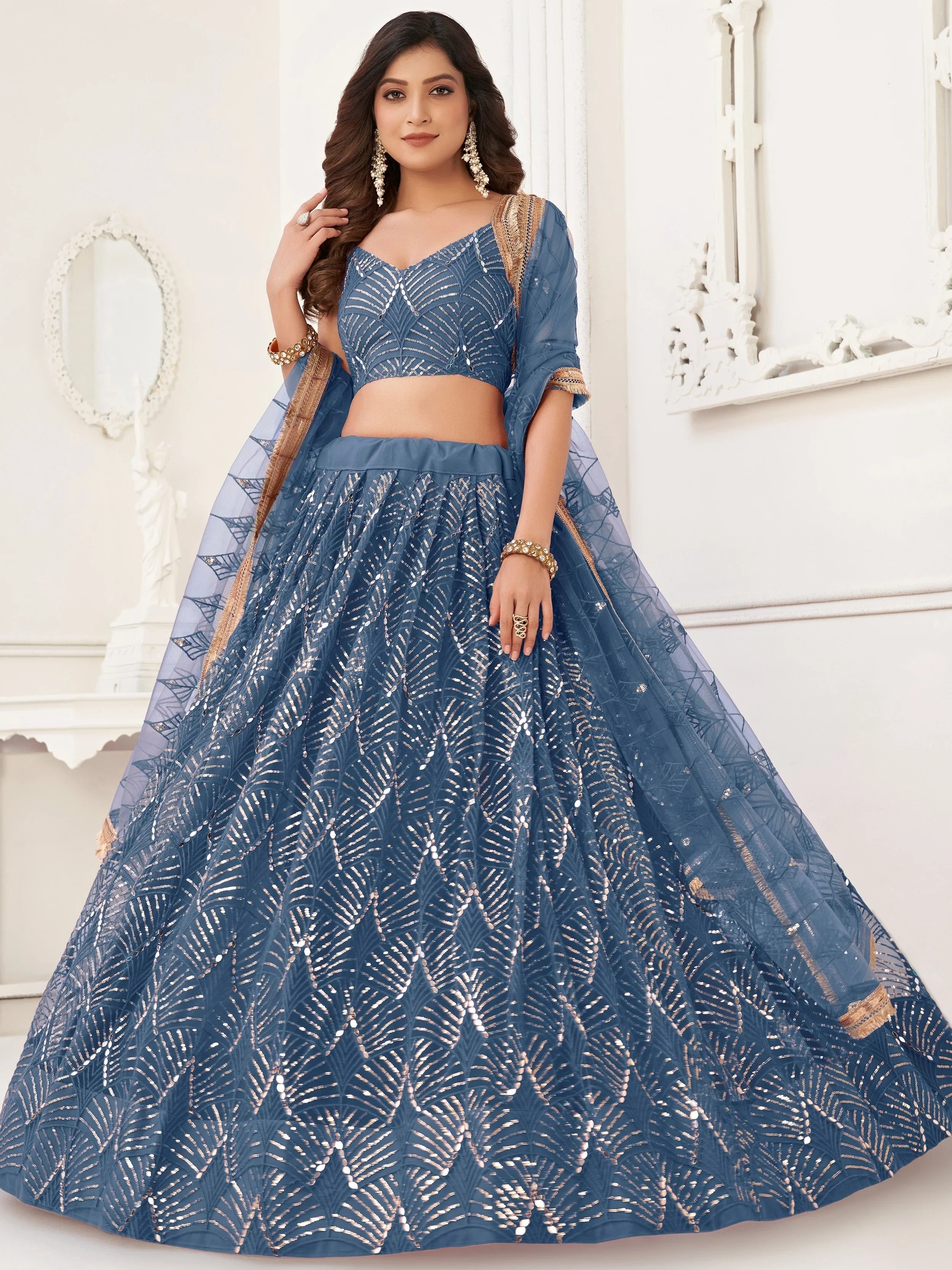 Blue Incredible Thread Work Net Designer Lehenga Choli for Women