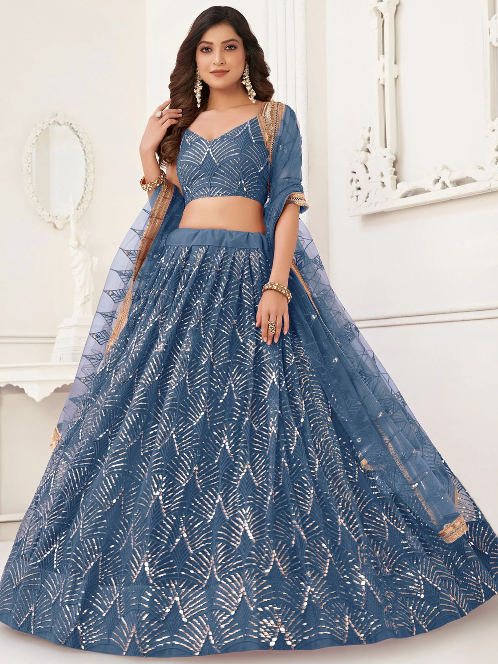 Blue Incredible Thread Work Net Designer Lehenga Choli for Women
