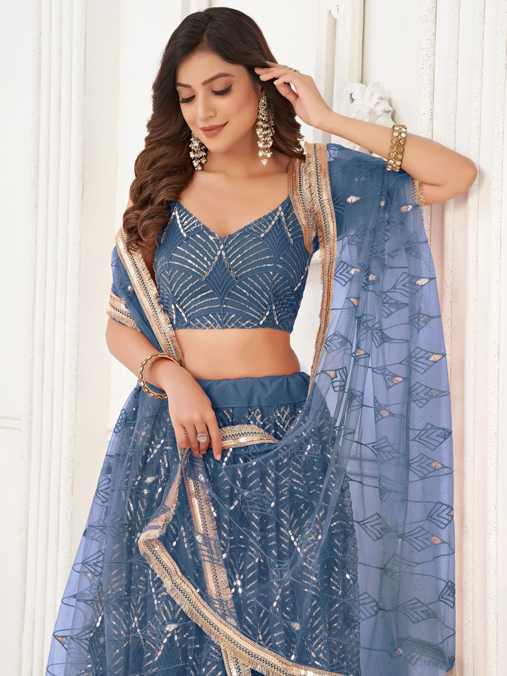 Blue Incredible Thread Work Net Designer Lehenga Choli for Women