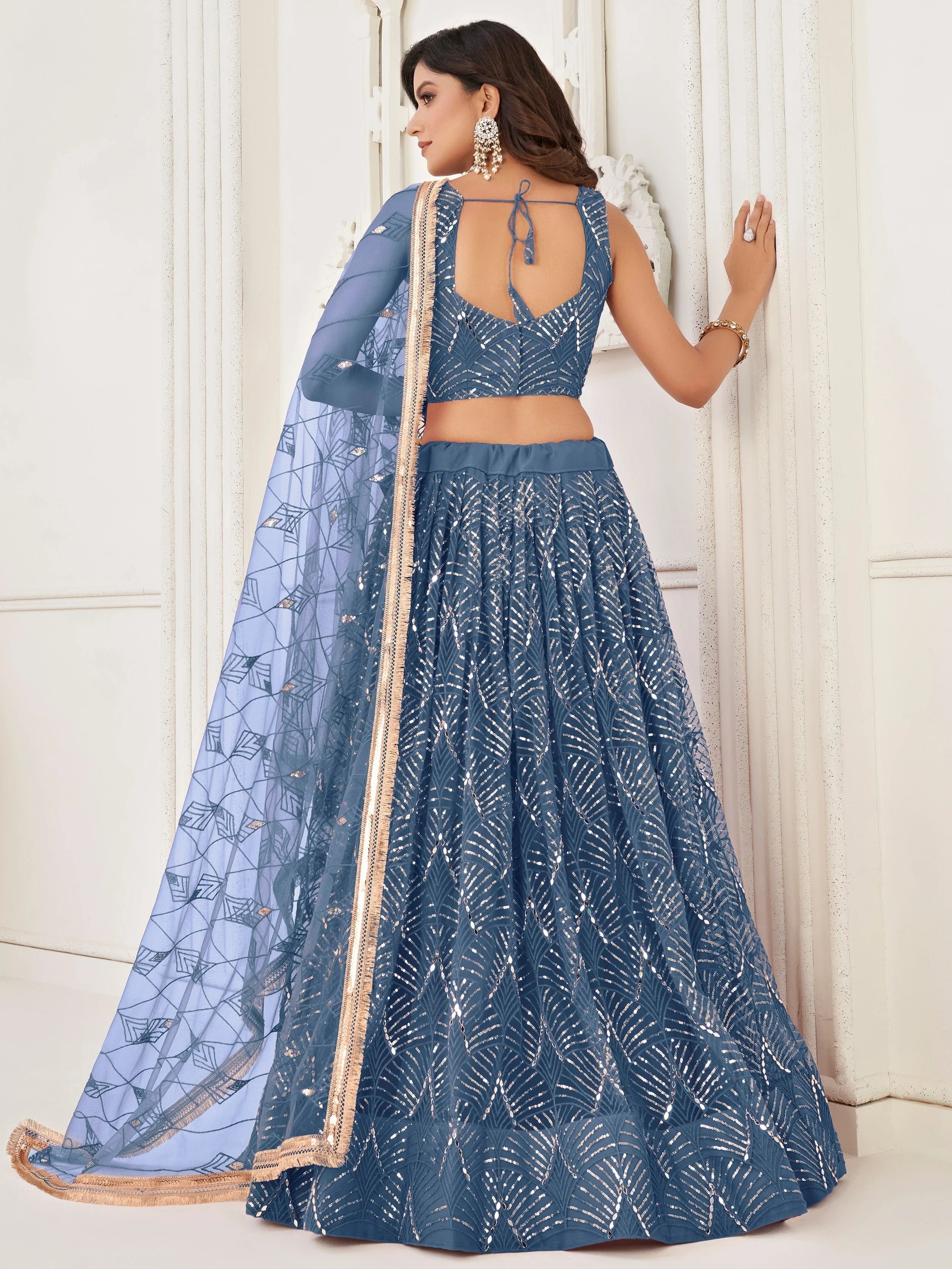 Blue Incredible Thread Work Net Designer Lehenga Choli for Women