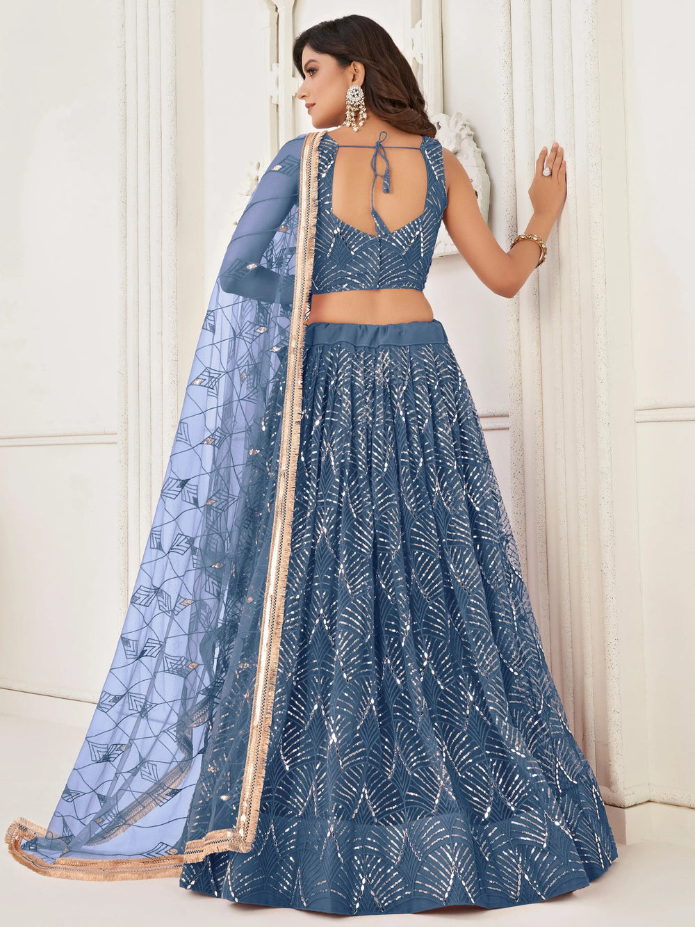 Blue Incredible Thread Work Net Designer Lehenga Choli for Women