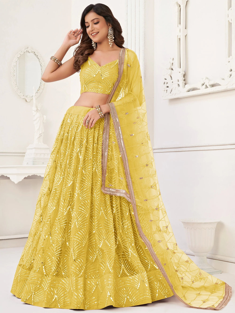 Yellow Incredible Thread Work Net Designer Lehenga Choli for Women