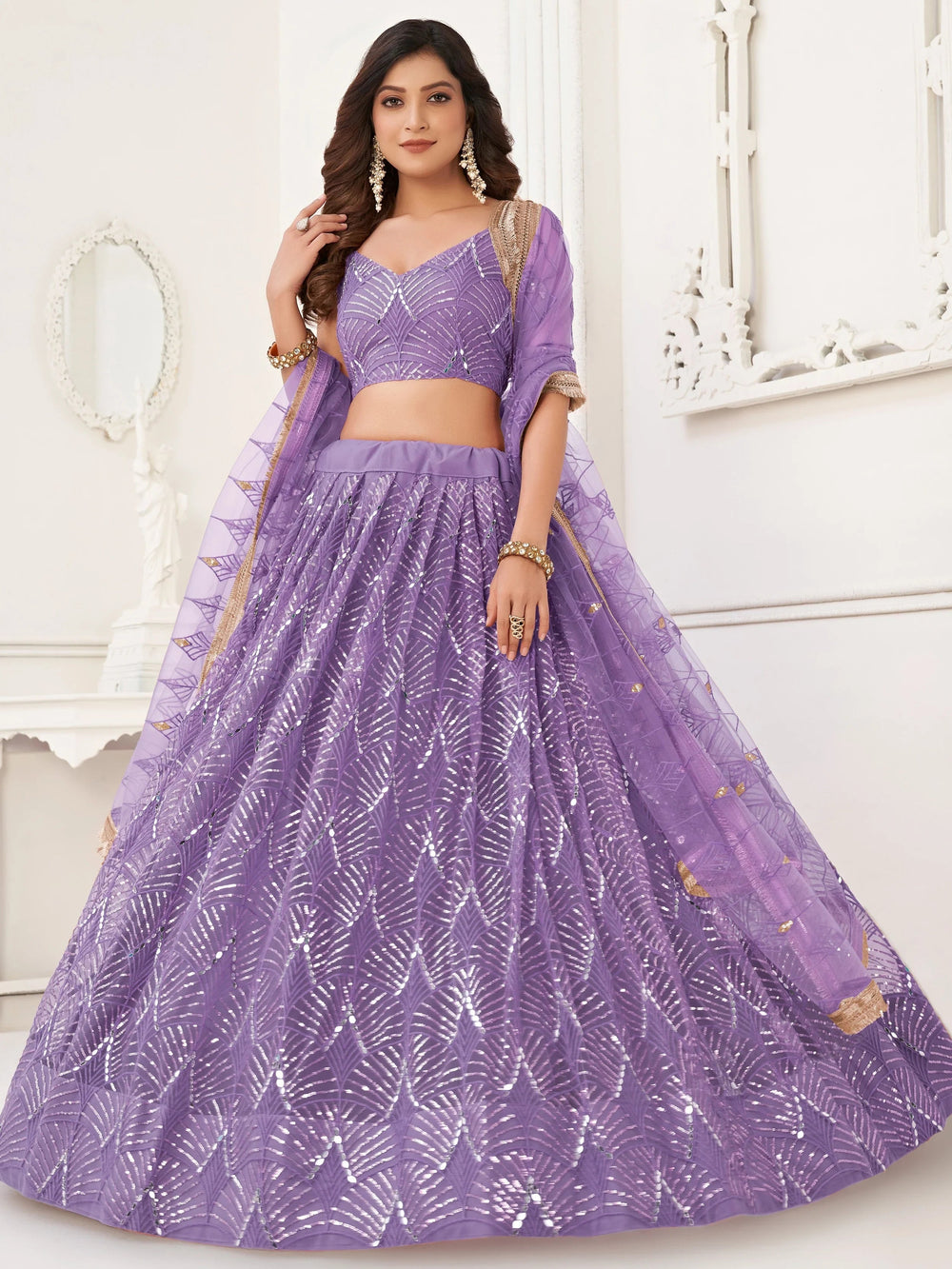 Lavender Incredible Thread Work Net Designer Lehenga Choli for Women