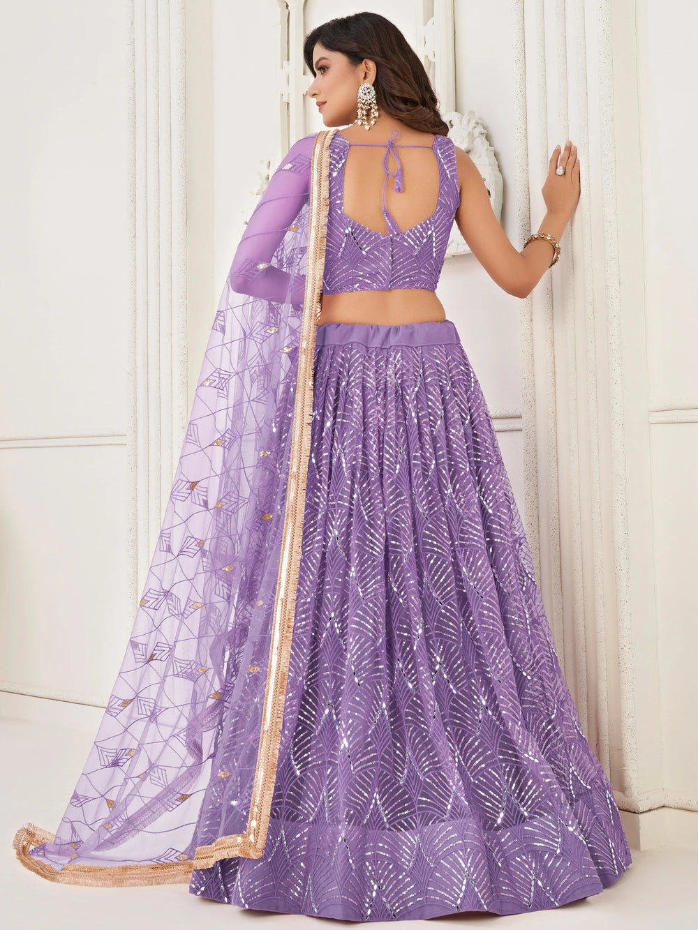 Lavender Incredible Thread Work Net Designer Lehenga Choli for Women