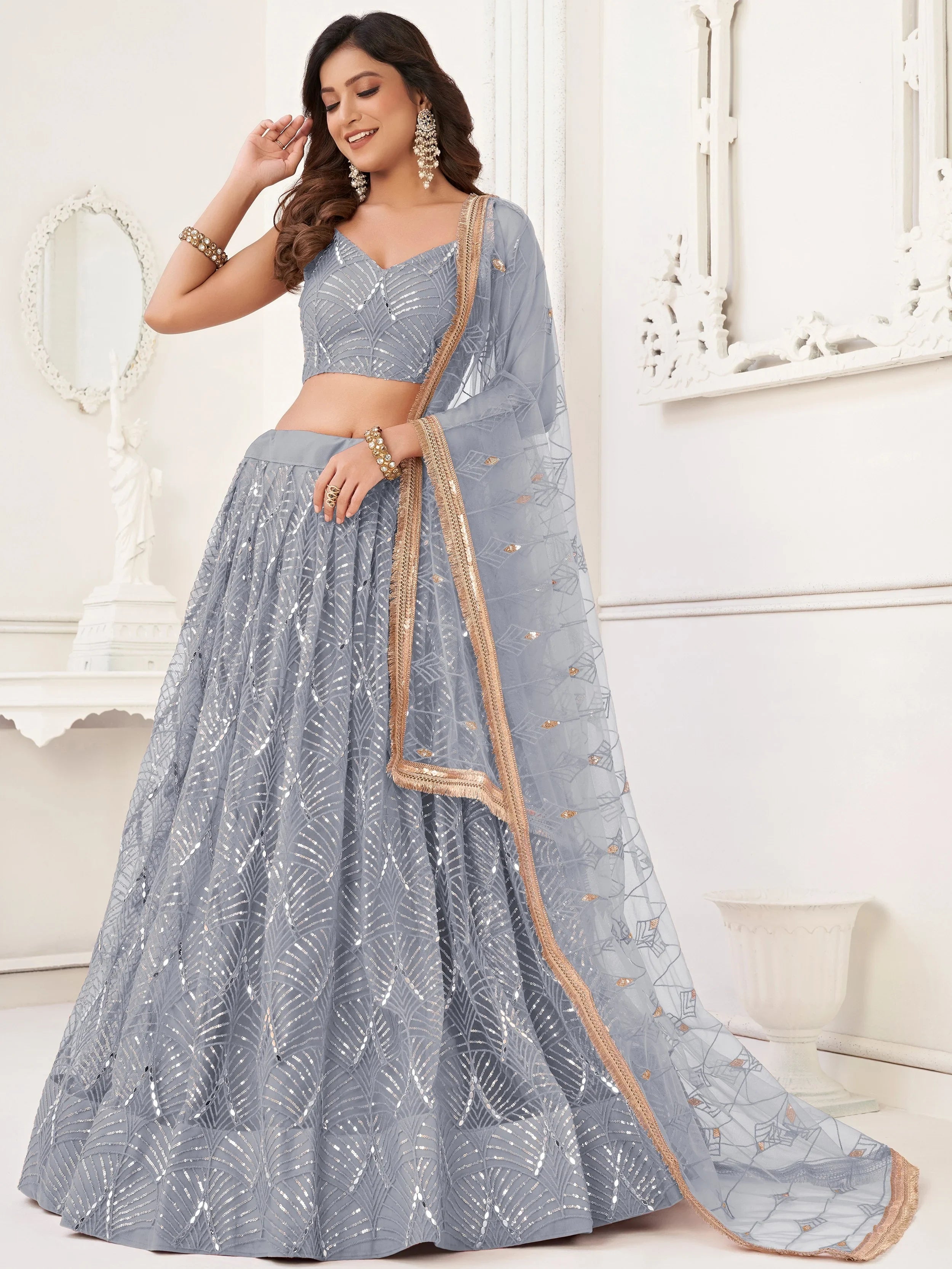 Grey Incredible Thread Work Net Designer Lehenga Choli for Women
