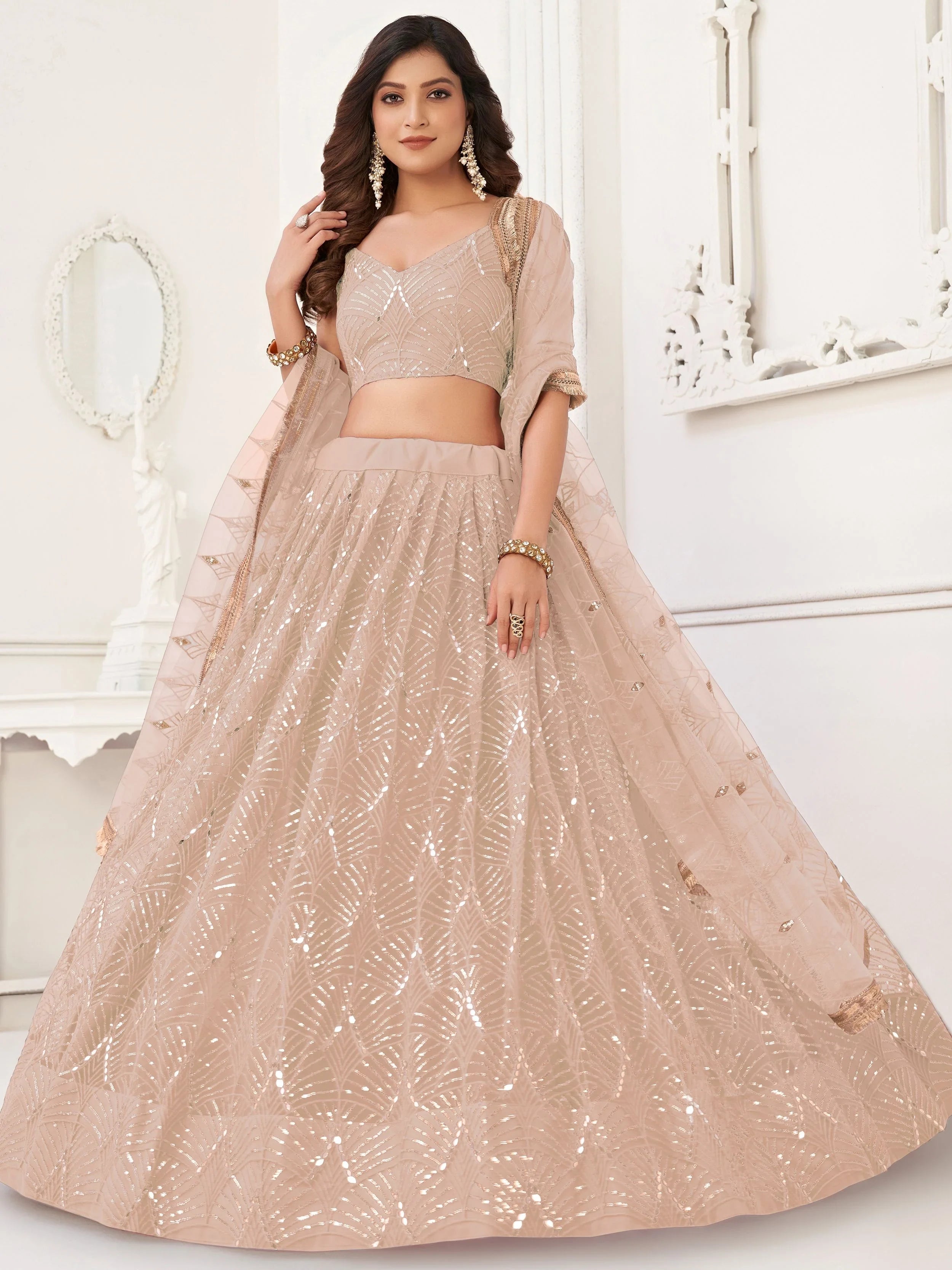 Beige Incredible Thread Work Net Designer Lehenga Choli for Women