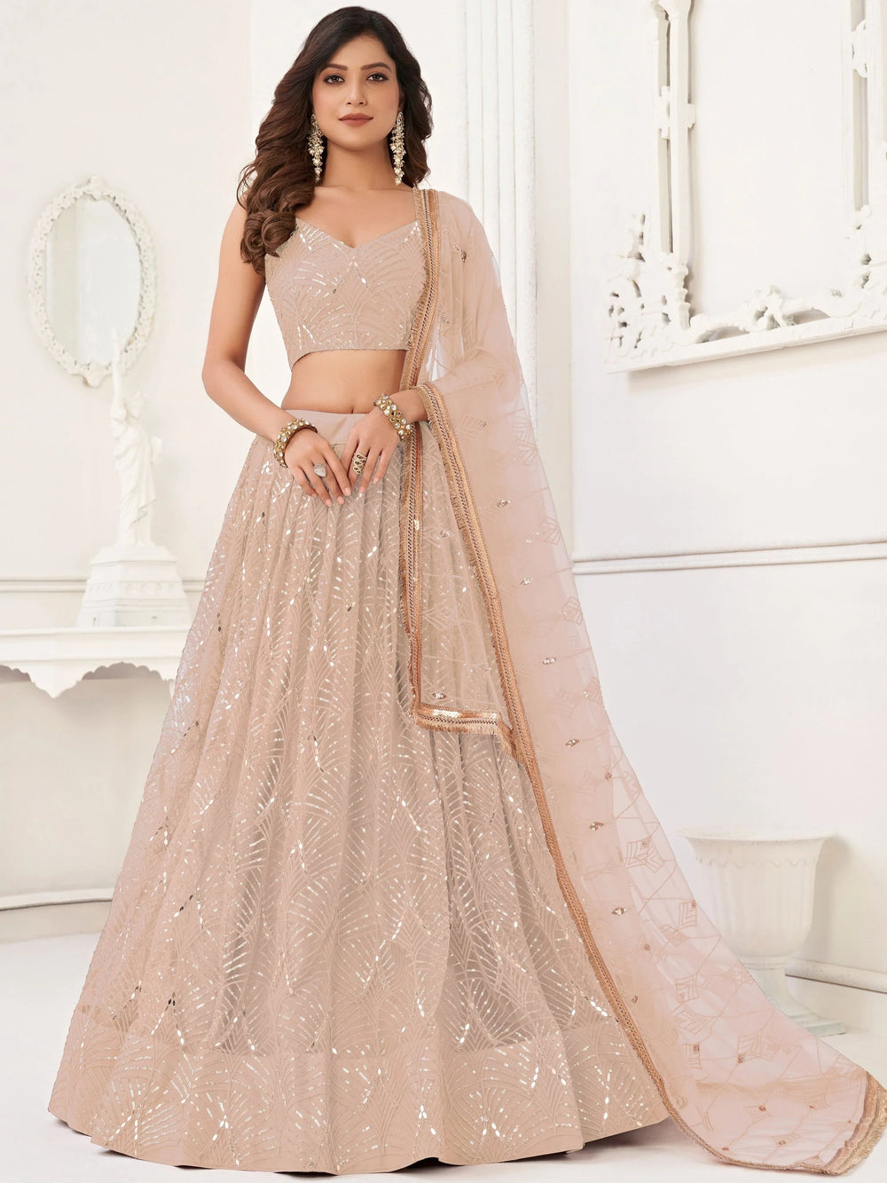 Beige Incredible Thread Work Net Designer Lehenga Choli for Women