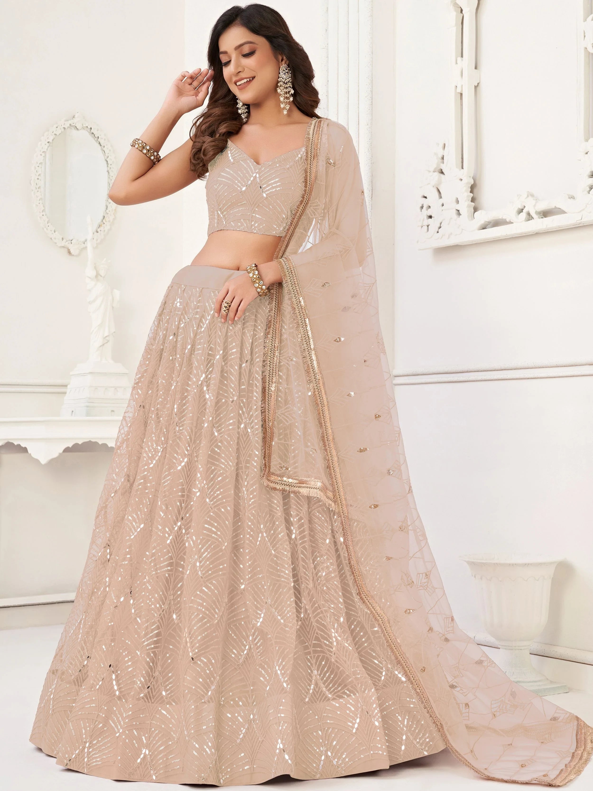 Beige Incredible Thread Work Net Designer Lehenga Choli for Women