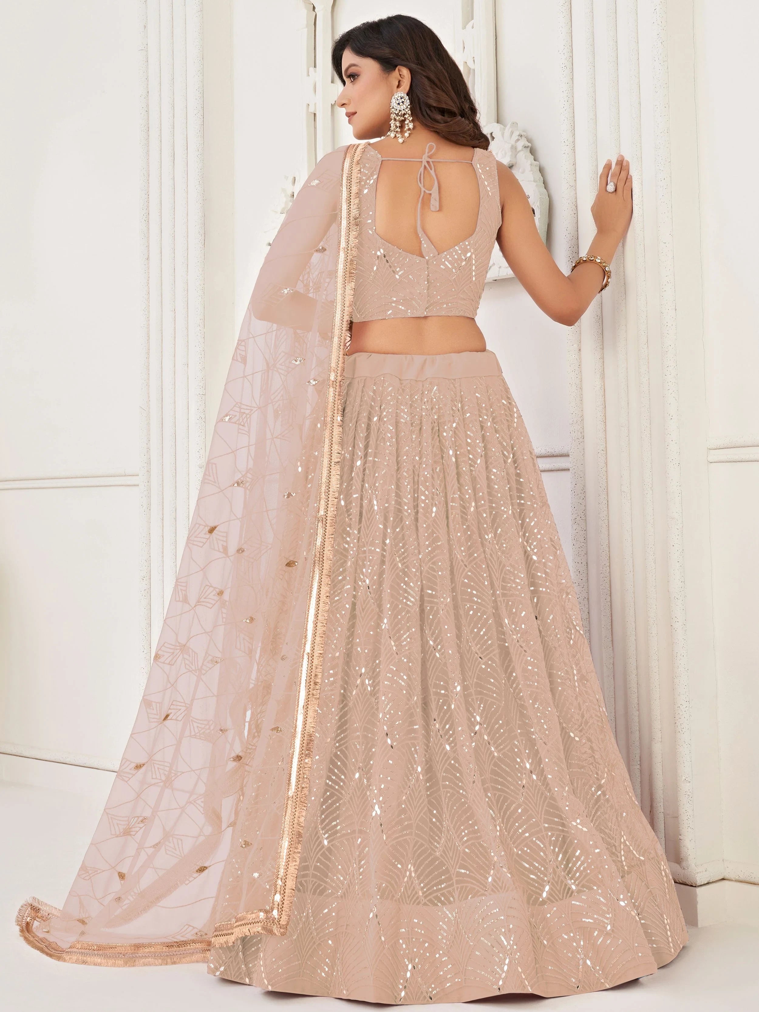 Beige Incredible Thread Work Net Designer Lehenga Choli for Women